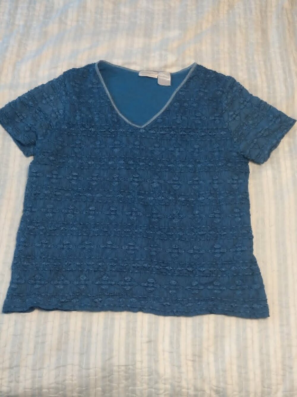 Worthington Woman Stretch Plus Size 1X Top Teal Blue V-Neck Ruched Short Sleeve